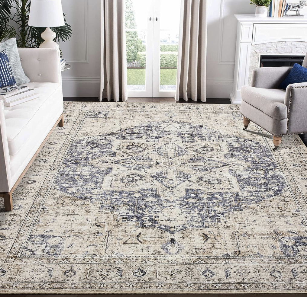 Blue and cream washable area rug for the living room on Prime Day sale.