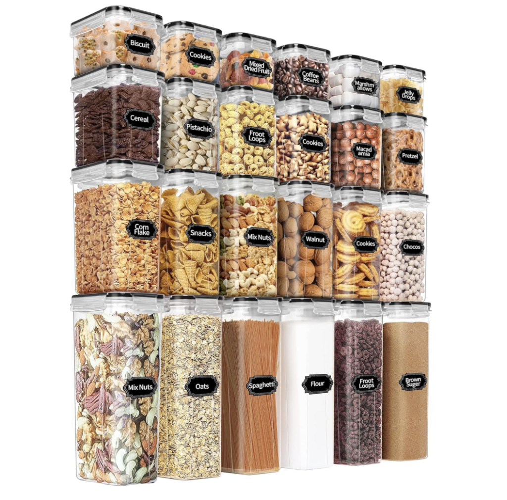 Food storage containers for storing pantry essentials.