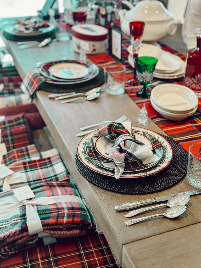 Holiday decorations from Pottery Barn with plaid accents.
