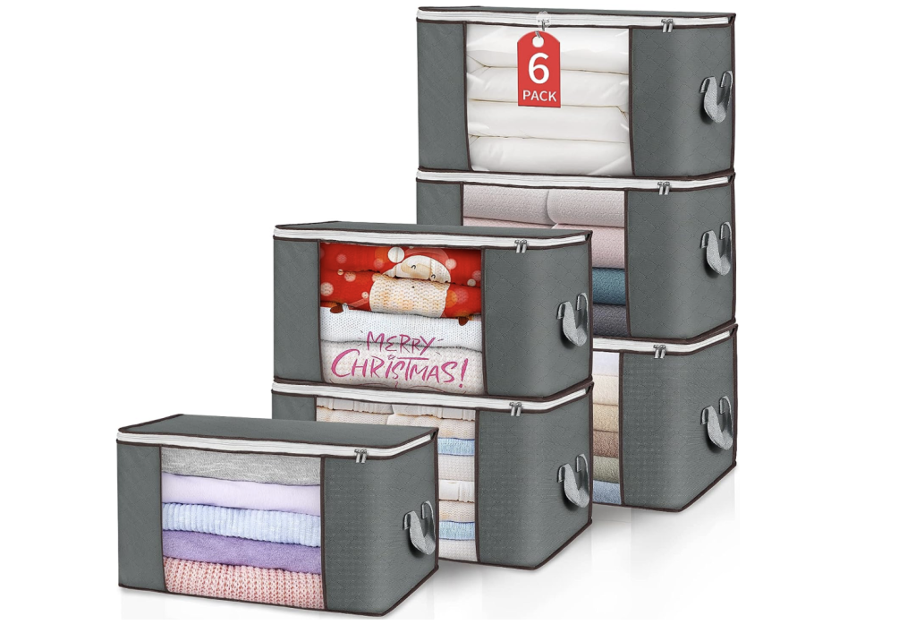 Large storage bags for organizing blankets, clothes, and holiday decor.