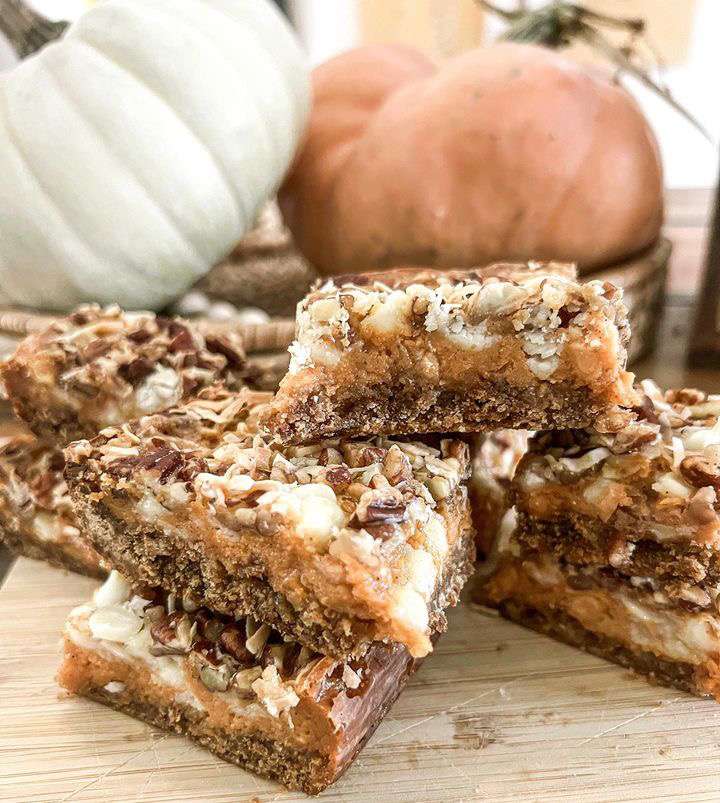 Pumpkin magic bars with pumpkin flavors with chocolate chips & coconut.