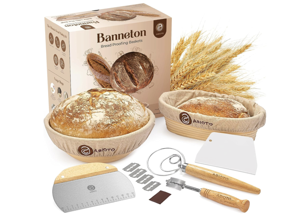 Sourdough bread baking supplies and proofing baskets.