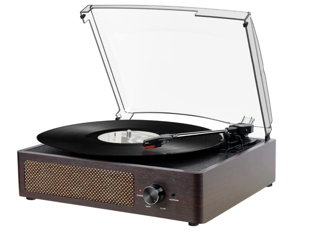 Vinyl record player turntable with bluetooth speaker on sale on Amazon Prime.