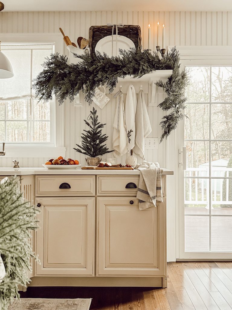 Farmhouse country kitchen Christmas decor for the festive holiday season.