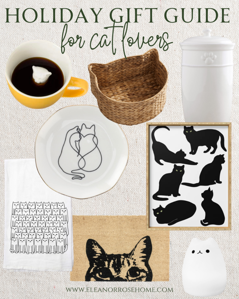 Holiday gift ideas for cat lovers that include mugs, art, and storage.
