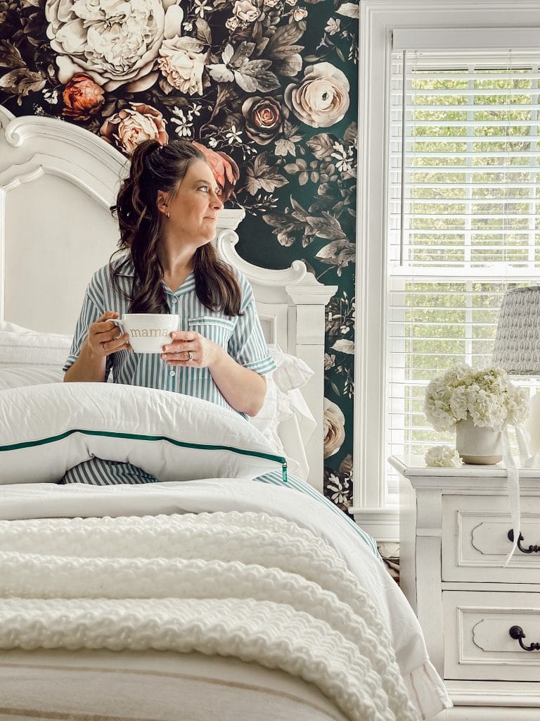 Lazy weekend at home in cozy pajamas with breakfast in bed.