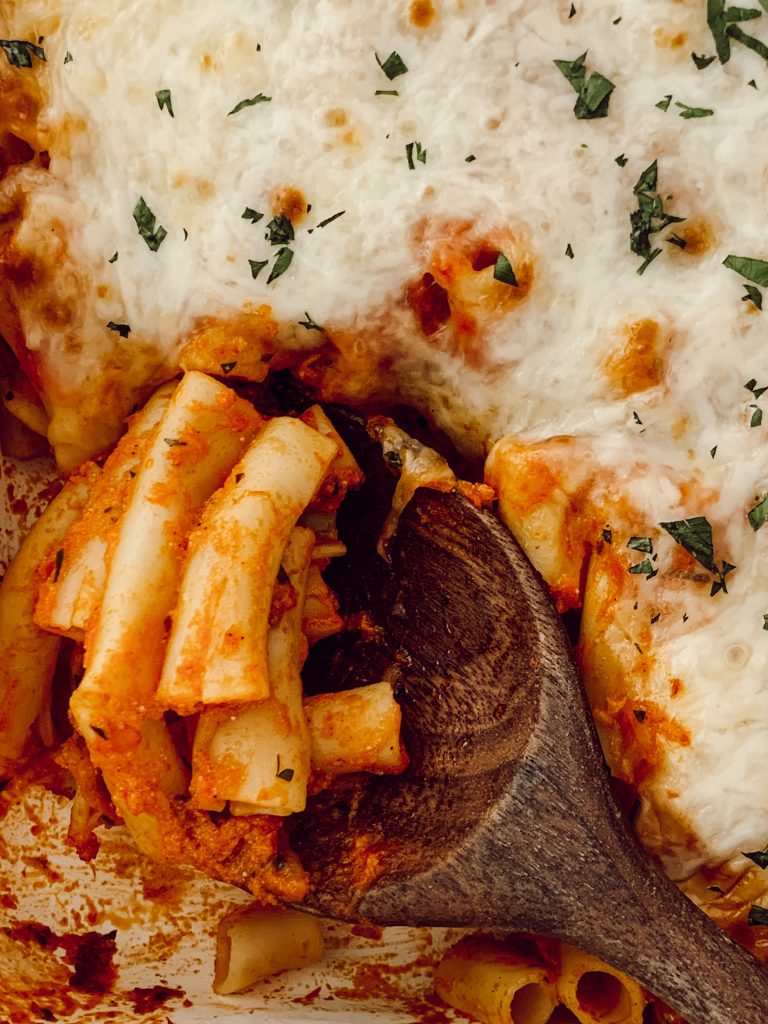 Cooking classy with this cheesy meatless baked ziti recipe.