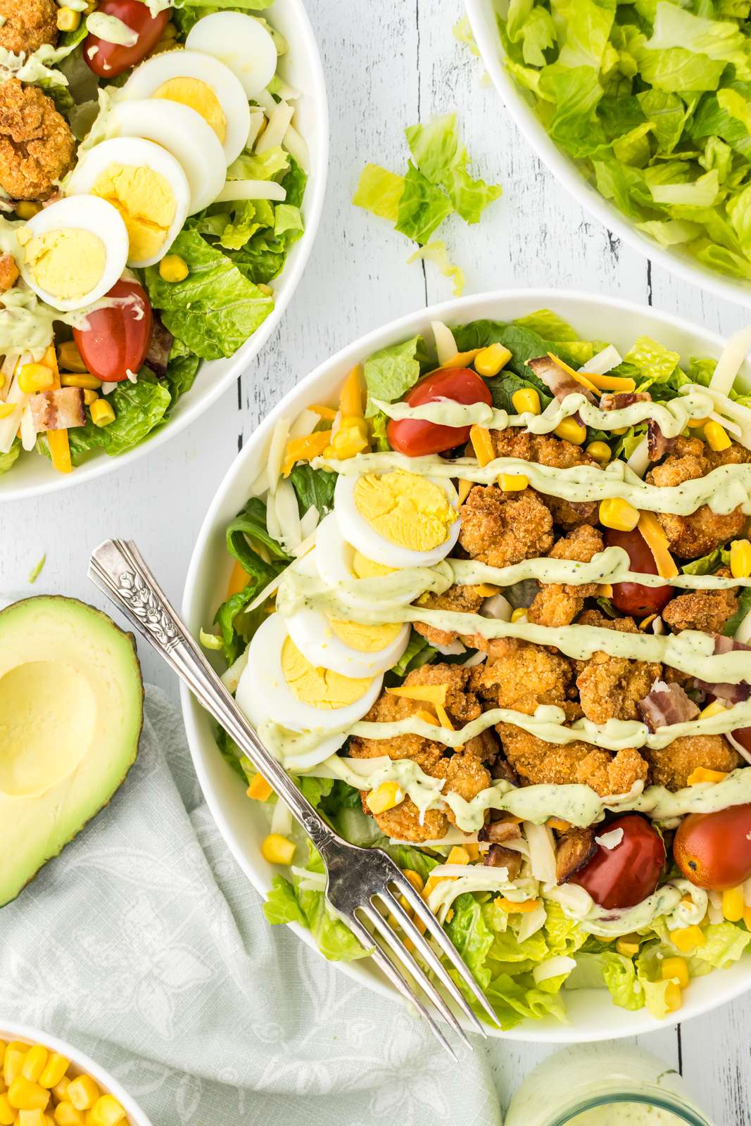 Homemade salad recipe with avocado lime ranch dressing.