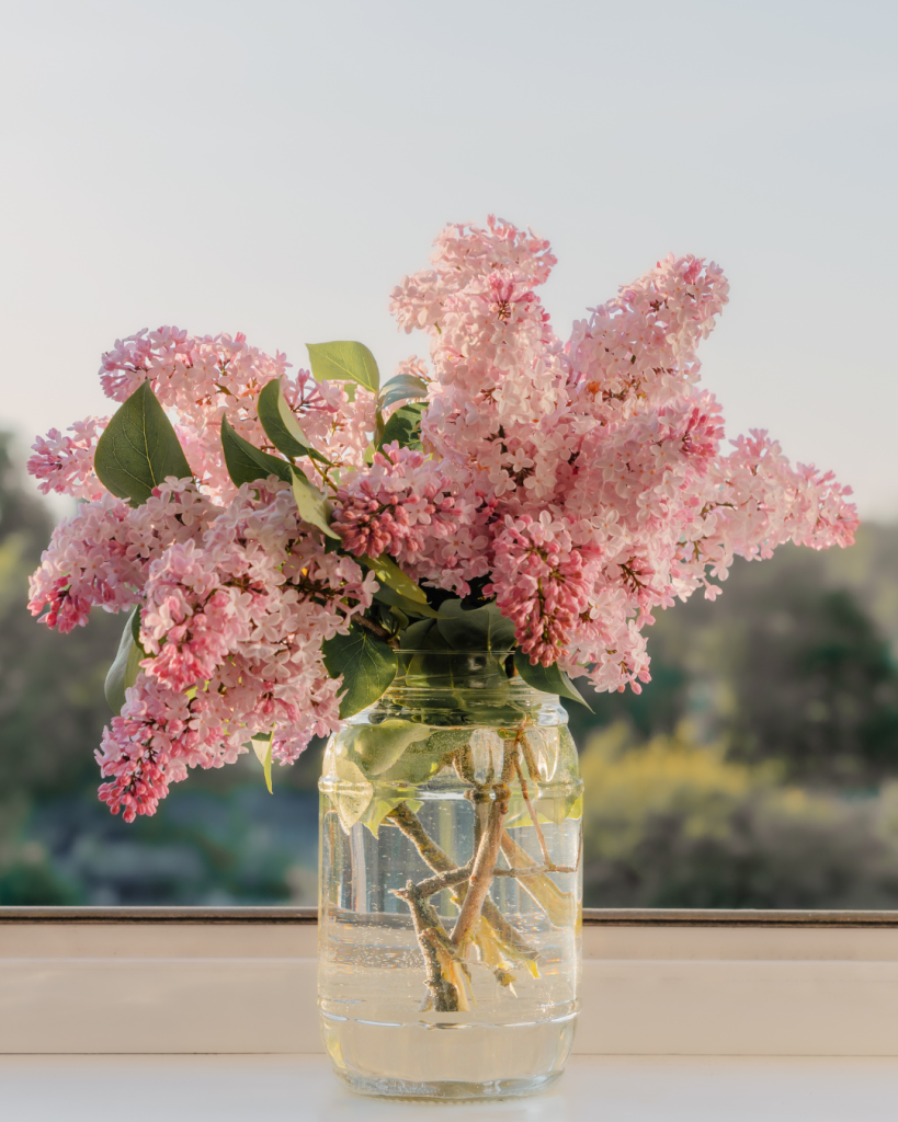 An easy spring centerpiece with pink lilacs in a mason jar.