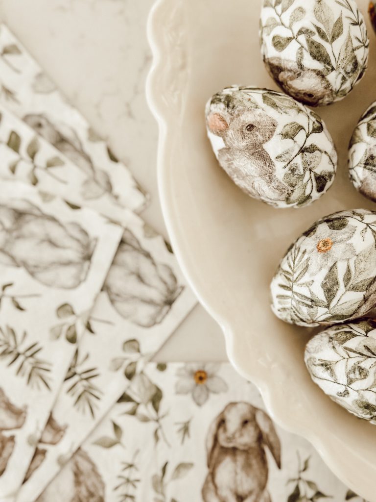 Easter bunny decoupaged eggs for charming Easter home decor.