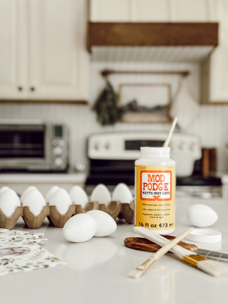 You'll need foam eggs, paper napkins, and decoupage glue to make this simple Easter craft.