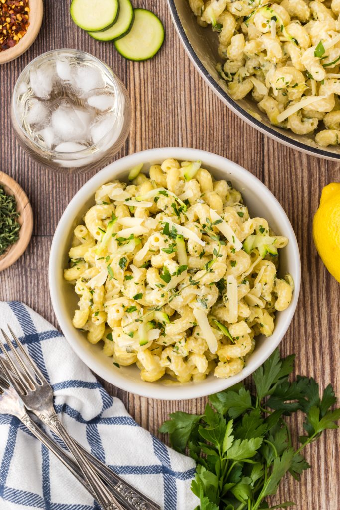 Easy Italian recipe with cavatappi pasta, ricotta cheese, and fontina cheese.