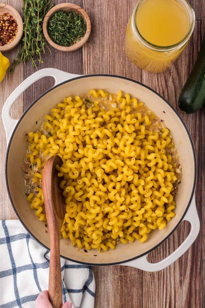 One pot lemon ricotta and zucchini pasta dish is an easy weeknight meal.