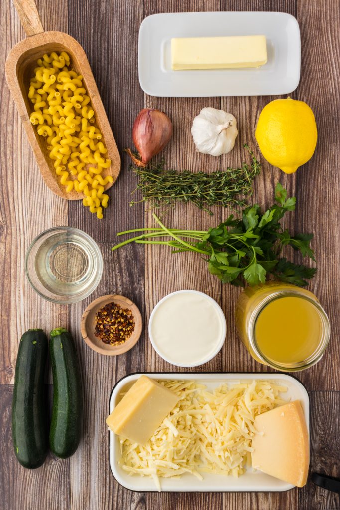 Simple ingredients you'll need for this one-pot pasta recipe with fresh zucchini.