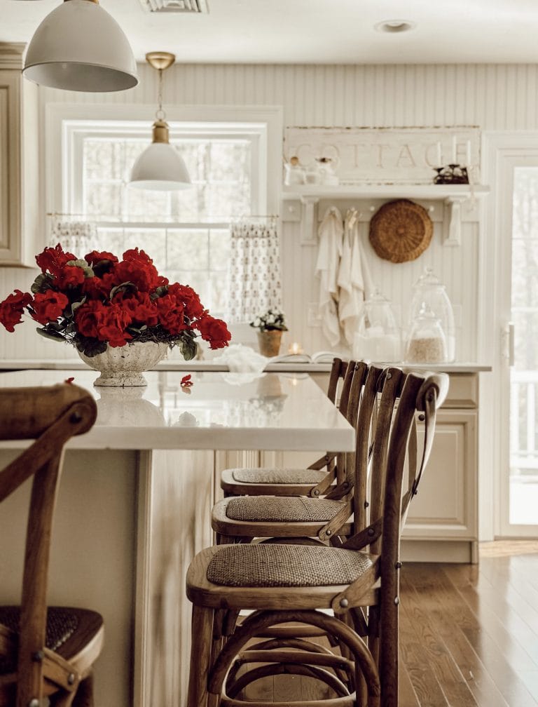 The unexpected red theory in a cottage style kitchen with red geraniums.