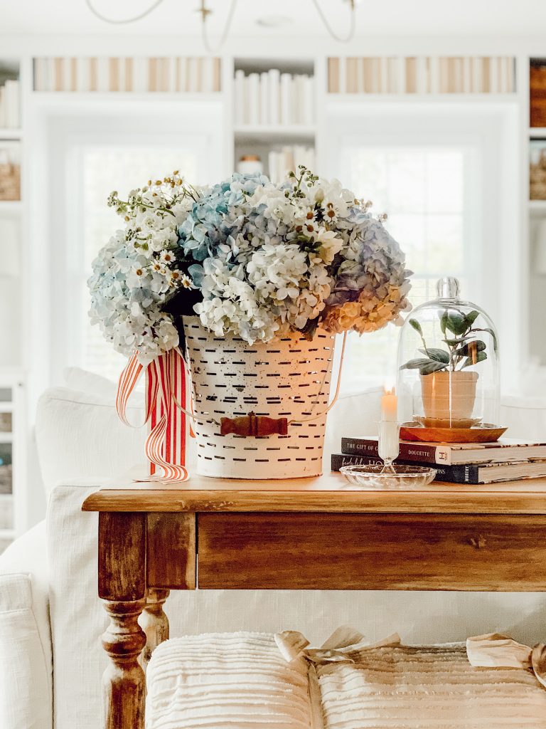 Best 4th of July decoration ideas with blue flowers and patriotic ribbon.