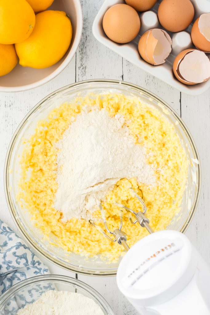Incorporate all purpose flour or cake flour into the lemon pound cake batter.