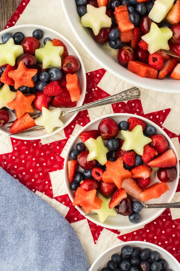 Fresh fruit salad with star shaped fruit for patriotic holidays and summer cookouts.