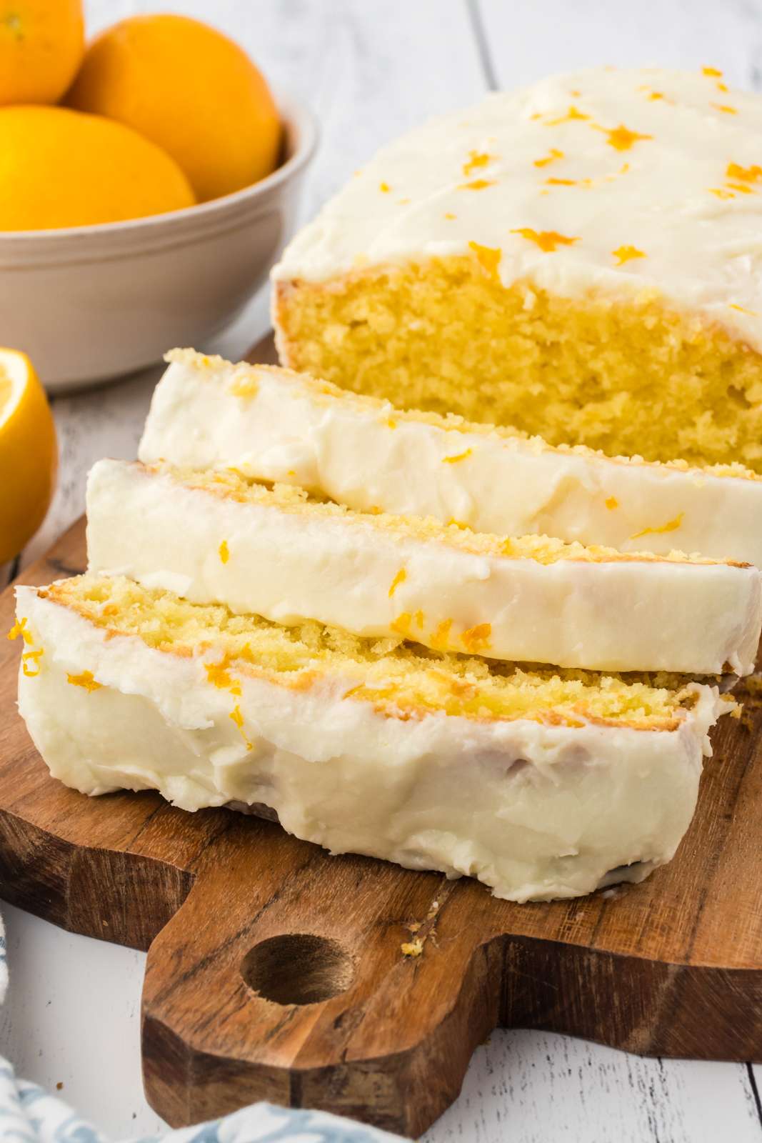Meyer Lemon pound cake recipe with a citrus glaze on top.