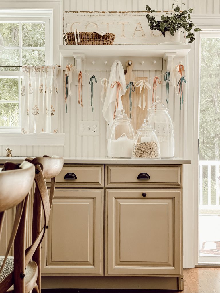 Block print curtains in our cottage farmhouse kitchen.