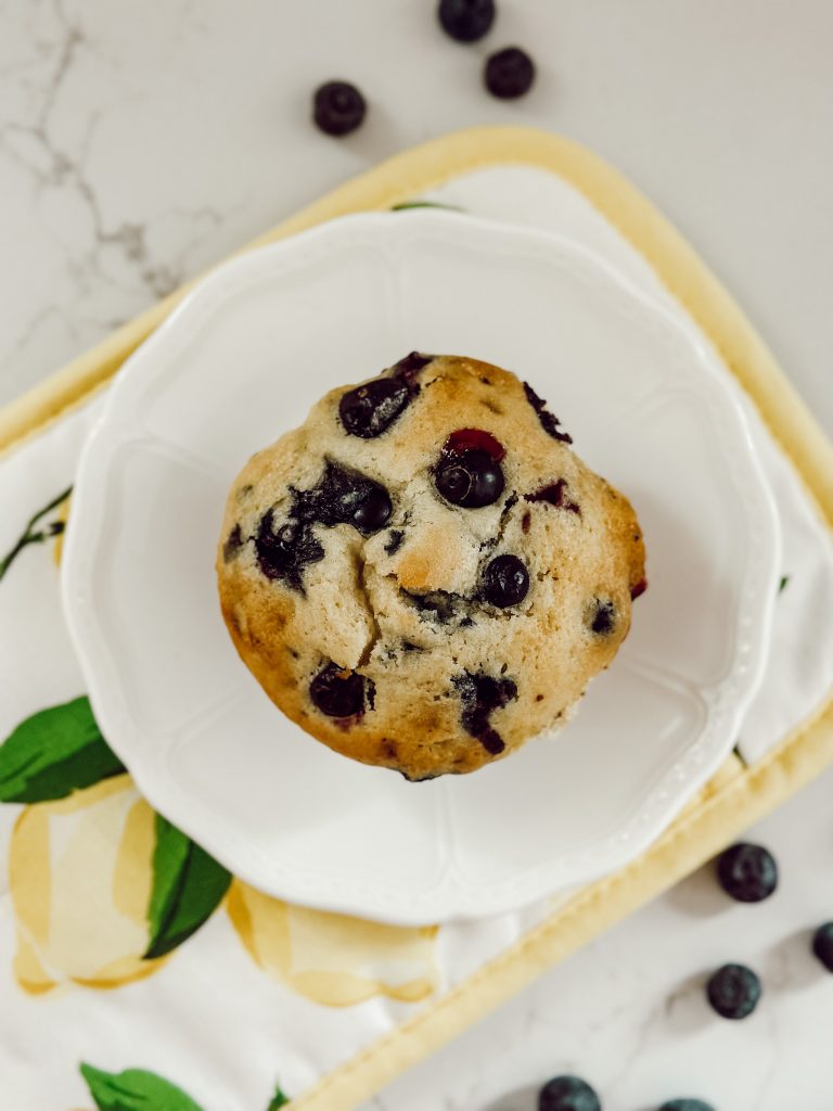 Lemon themed pot holder with lemon blueberry muffin in the kitchen.