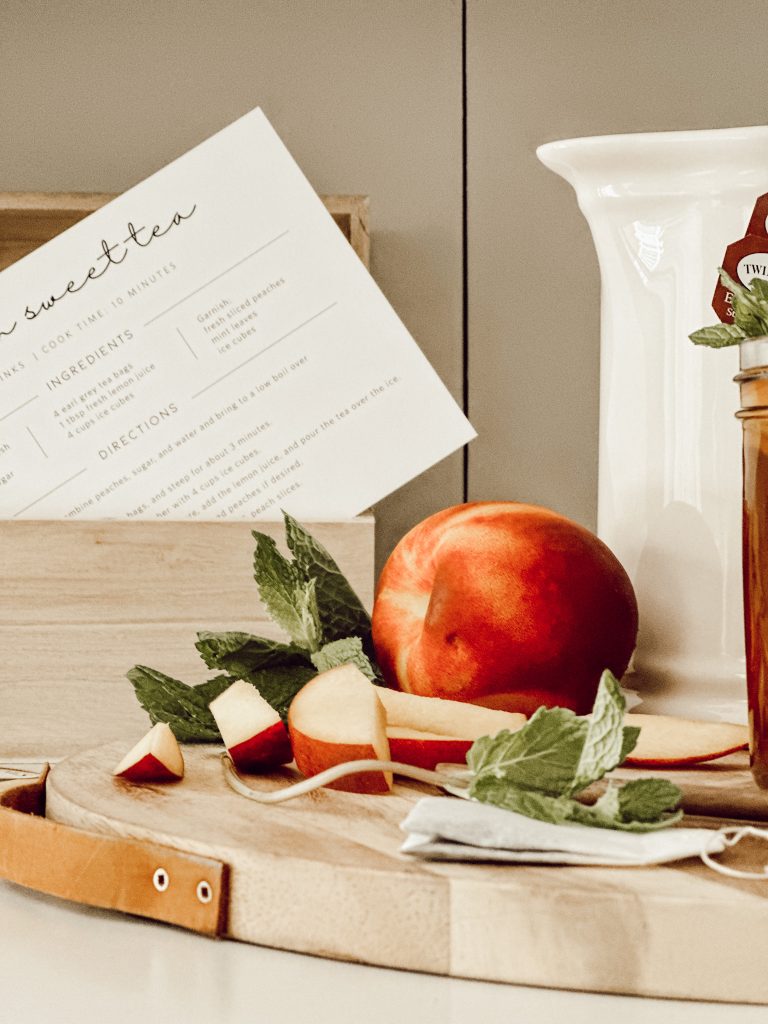Sweet peach iced tea recipe card to make a delicious summertime drink.