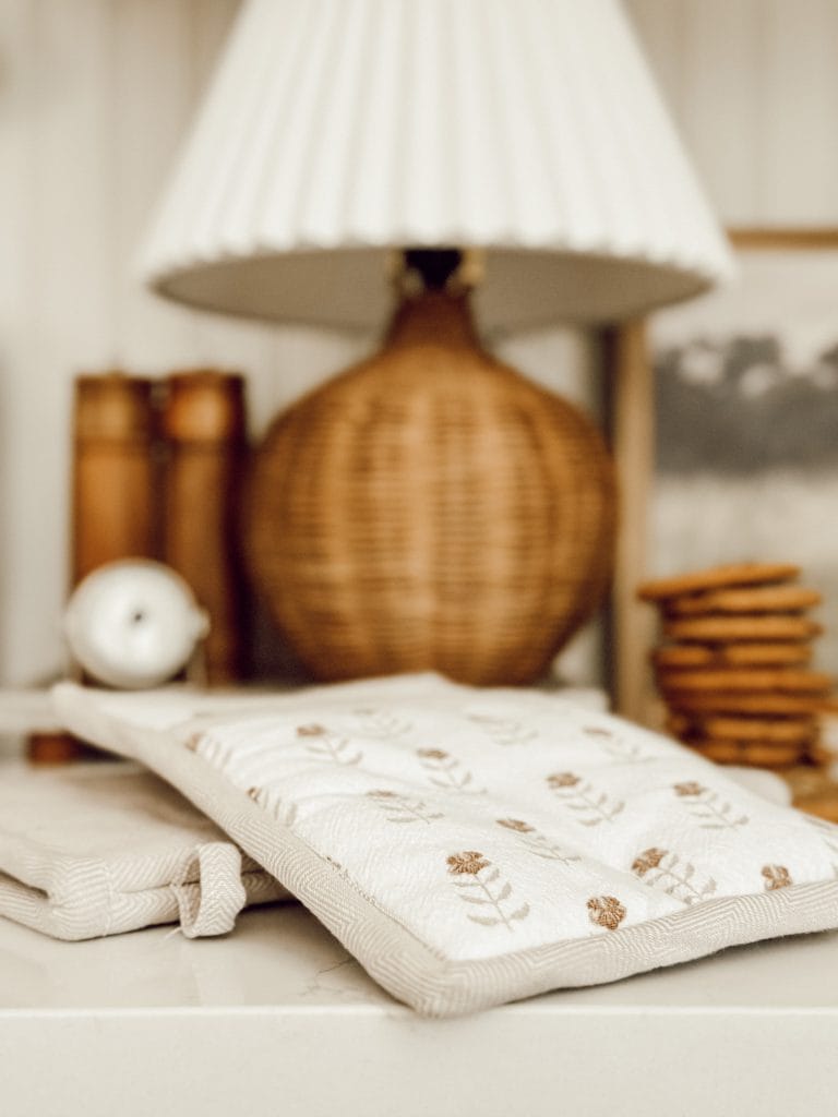 Block print pot holder and oven mitts add functional beauty to the kitchen.