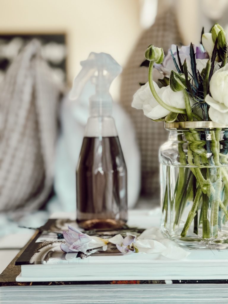 Fresh herbs can be made into a linen room spray to create a fresh, calming atmosphere.