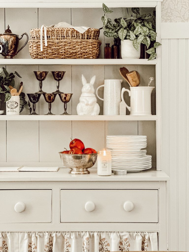 Easy elegant fall kitchen with a hutch decorated for autumn.