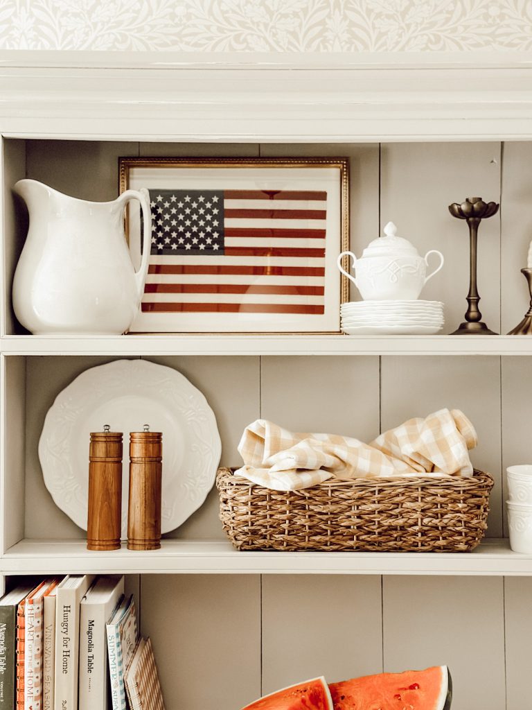 Patriotic decor in the kitchen for Memorial Day with other home decor pieces.