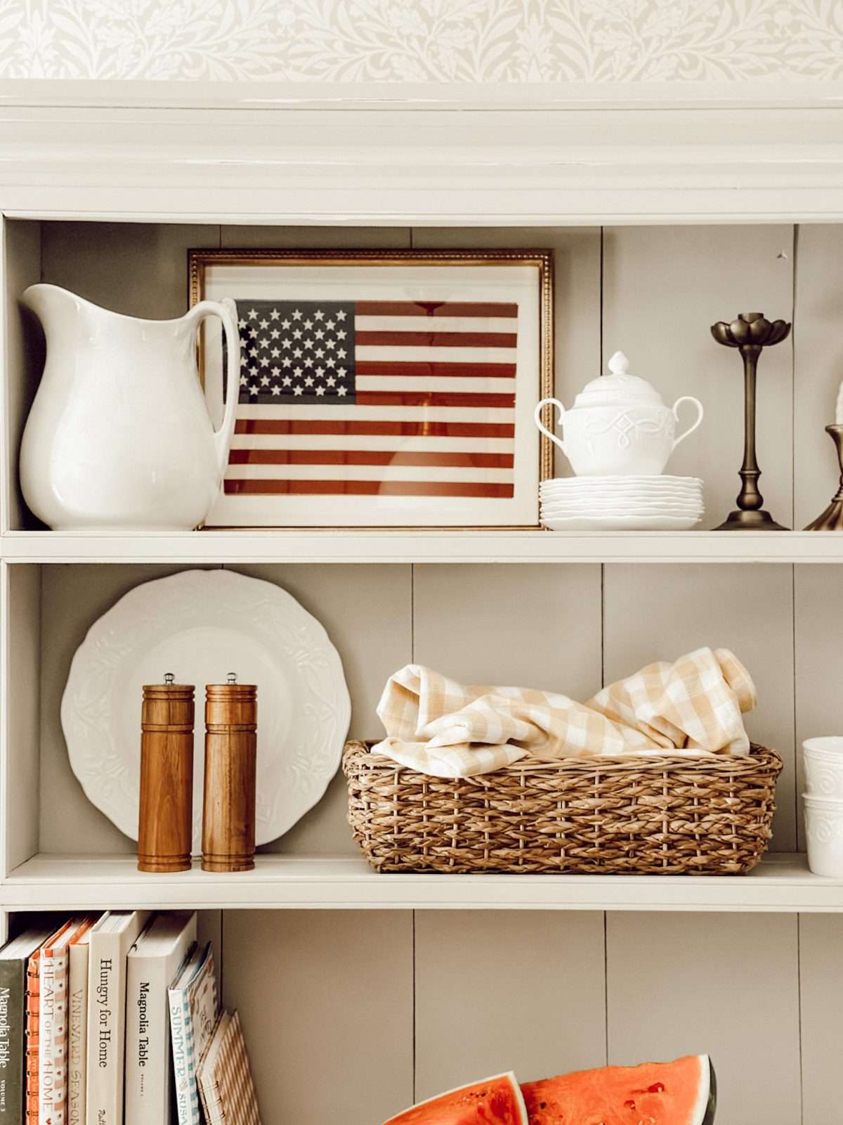 Patriotic decor in the kitchen for Memorial Day with other home decor pieces.