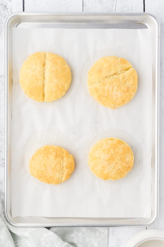 Flaky puff pastry on baking sheet for the top of the chicken pot pies.