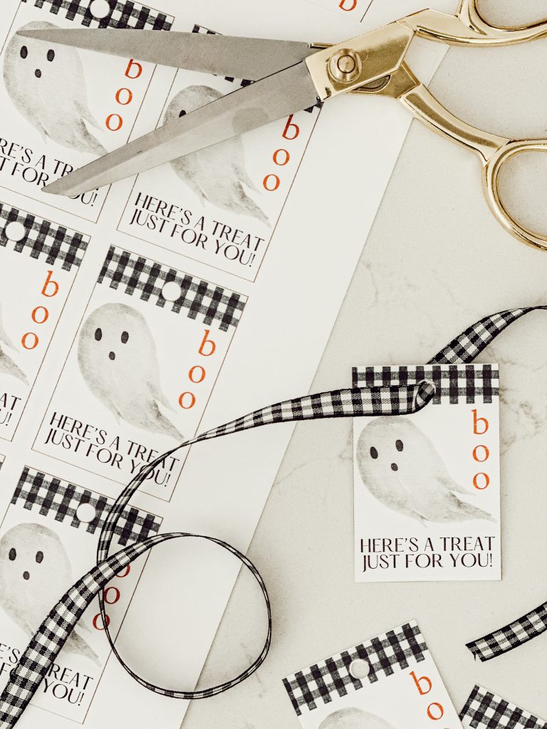 Free Halloween printables in our freebies library to attach to the Halloween treat bags.