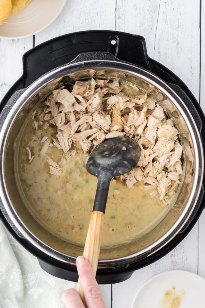 Shredded chicken added to this instant pot chicken pot pie recipe.