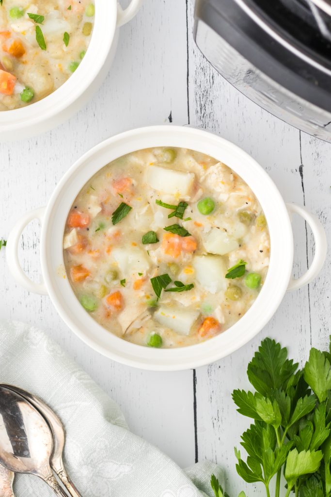 Small bowl of homemade chicken pot pie for an easy weeknight dinner.