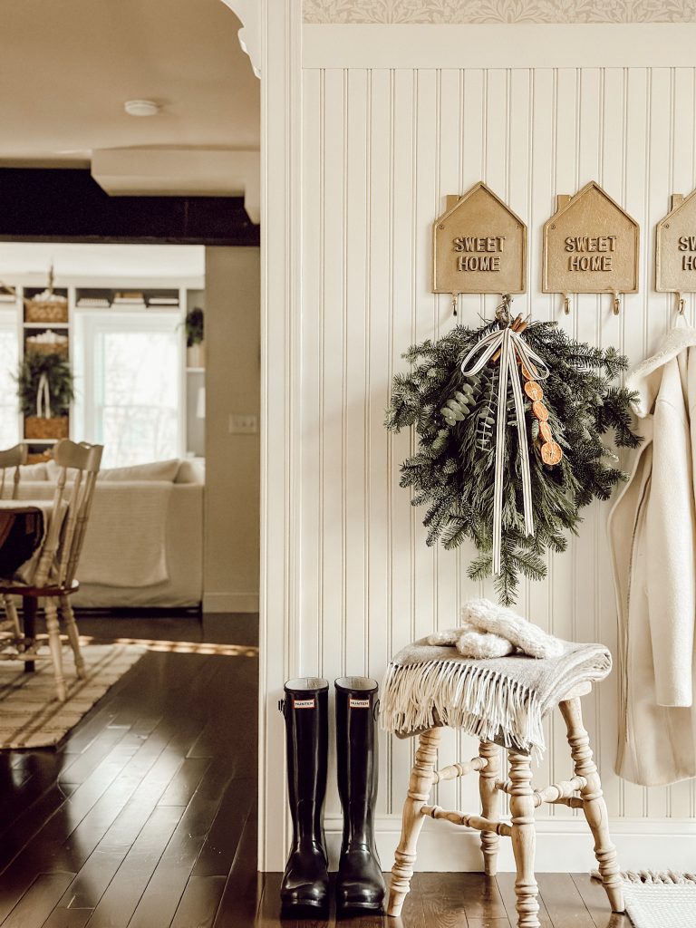Christmas decor in a neutral color scheme for the holiday season.