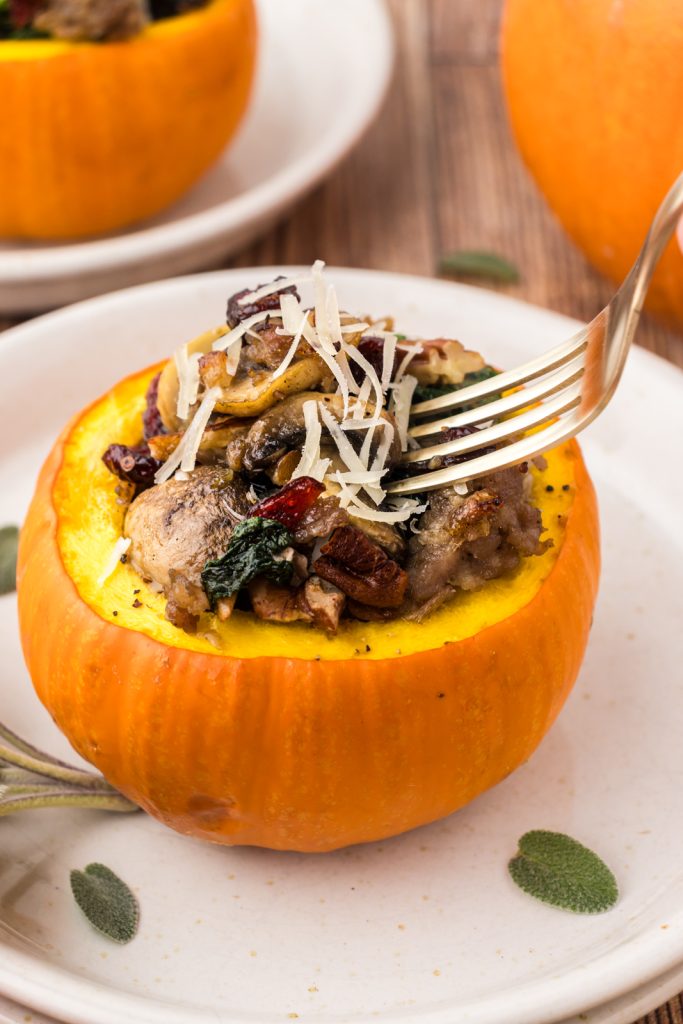 Fall dinner idea includes this pumpkin stuffed with sausage mixture. 