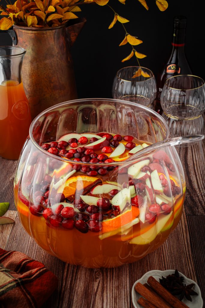Punch bowl full of Thanksgiving sangria for your Thanksgiving table.