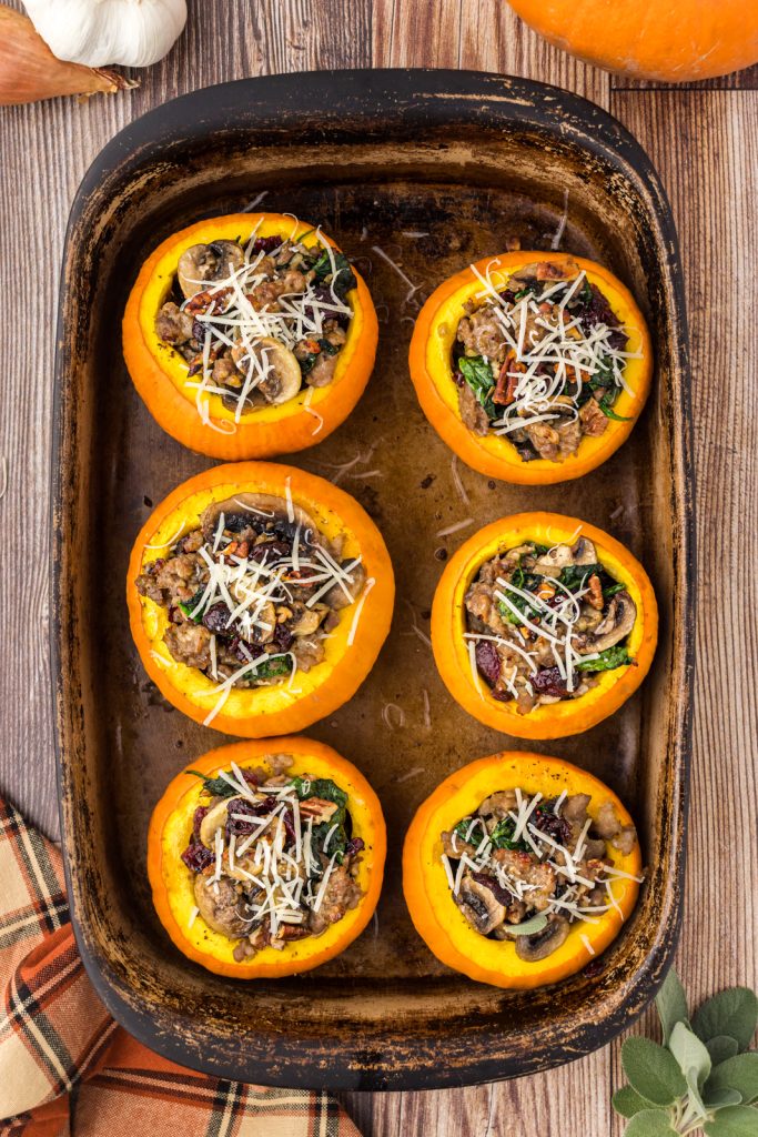 A cozy fall dinner with these roasted stuffed whole pumpkins.