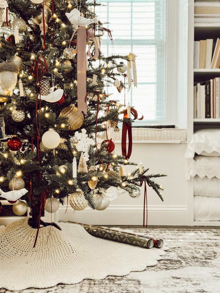 Knit tree skirt for the base of your tree for the holiday season.