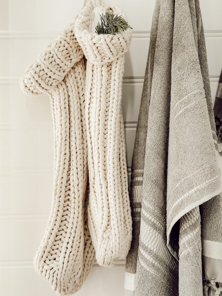 Neutral color scheme in a holiday bathroom for the Christmas season.