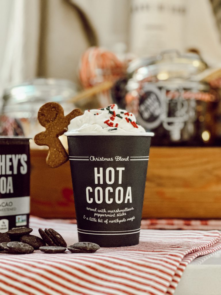 Hot cocoa station is a great way to add Christmas cheer to your kitchen for the holidays.