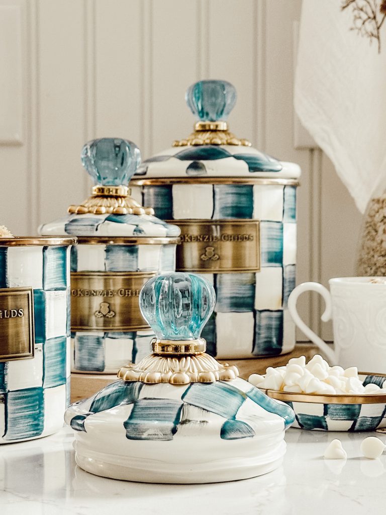 Spring home decor trend 2025 is incorporating blue accents throughout your decorations including in the kitchen.