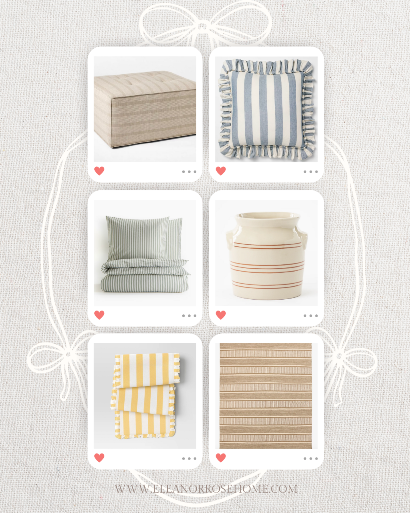 Collage of trending bold stripes on an ottoman, throw pillow, bedding, crock, table runner, and area rug.
