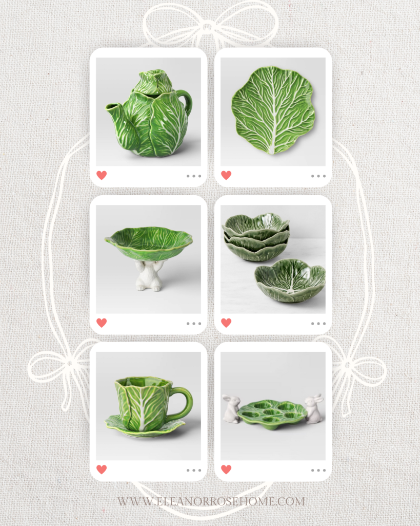 A collage of cabbage ware pieces from a teapot, tea cup & saucer, bowls, pedestal, and deviled egg holder for spring home decor.