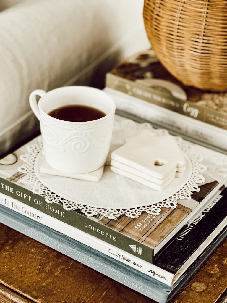 DIY Crayola air-dry clay coasters on living room end table.