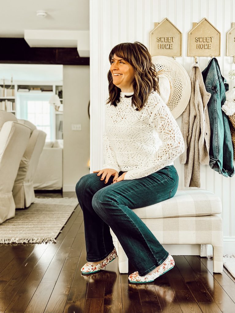 My first pair of Tieks are these floral ones that I paired with dark wash jeans and a white sweater.