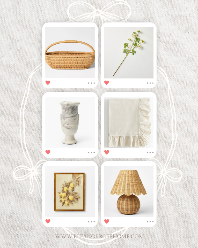 Rattan basket, sedum stem, marble vase, linen tablecloth, lemon artwork, and rattan lamp for spring home decorations.