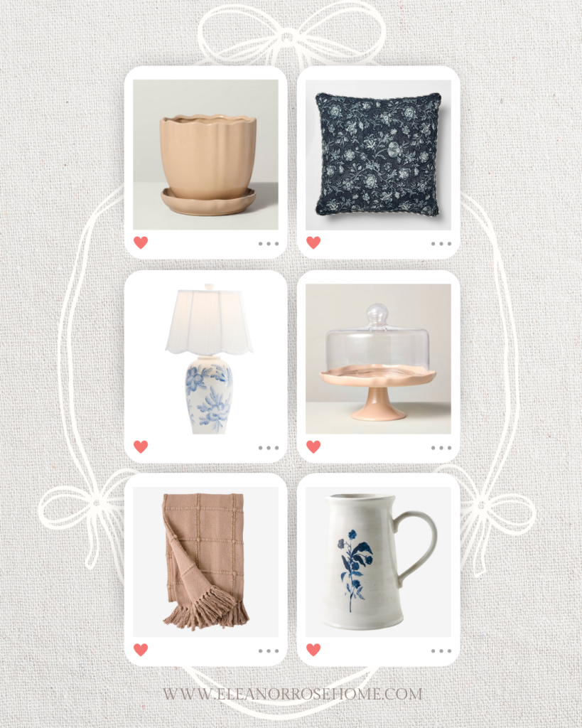 Pastel colors trending for spring home decor with a blue pillow, peach planter, cake stand, table lamp, throw blanket, and floral pitcher.