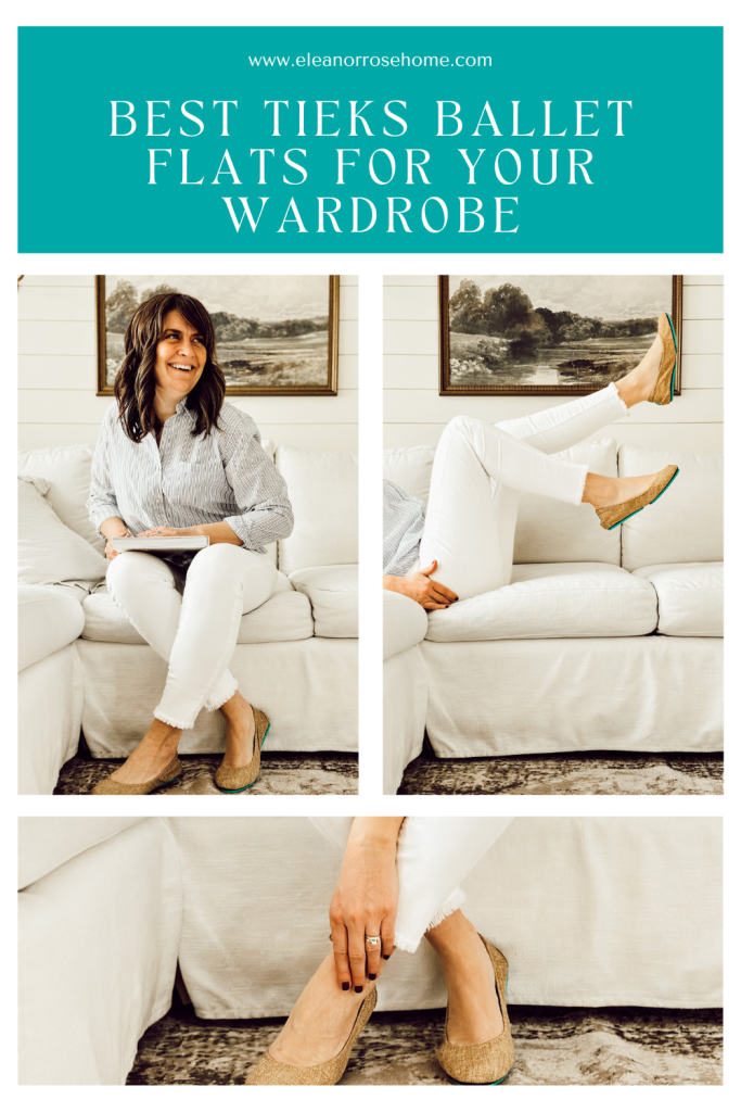 Pinterest graphic with 3 images of Heidi modeling Tieks ballet flats on the sofa in the living room.
